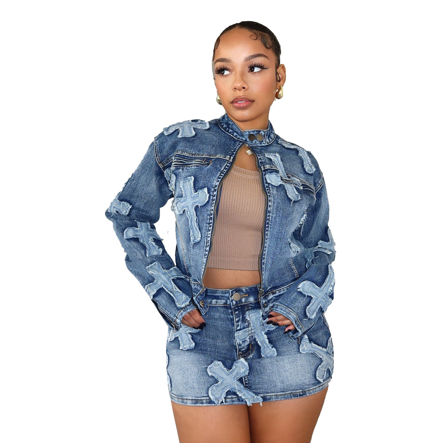 Denim Cross Skirt & Jacket Set