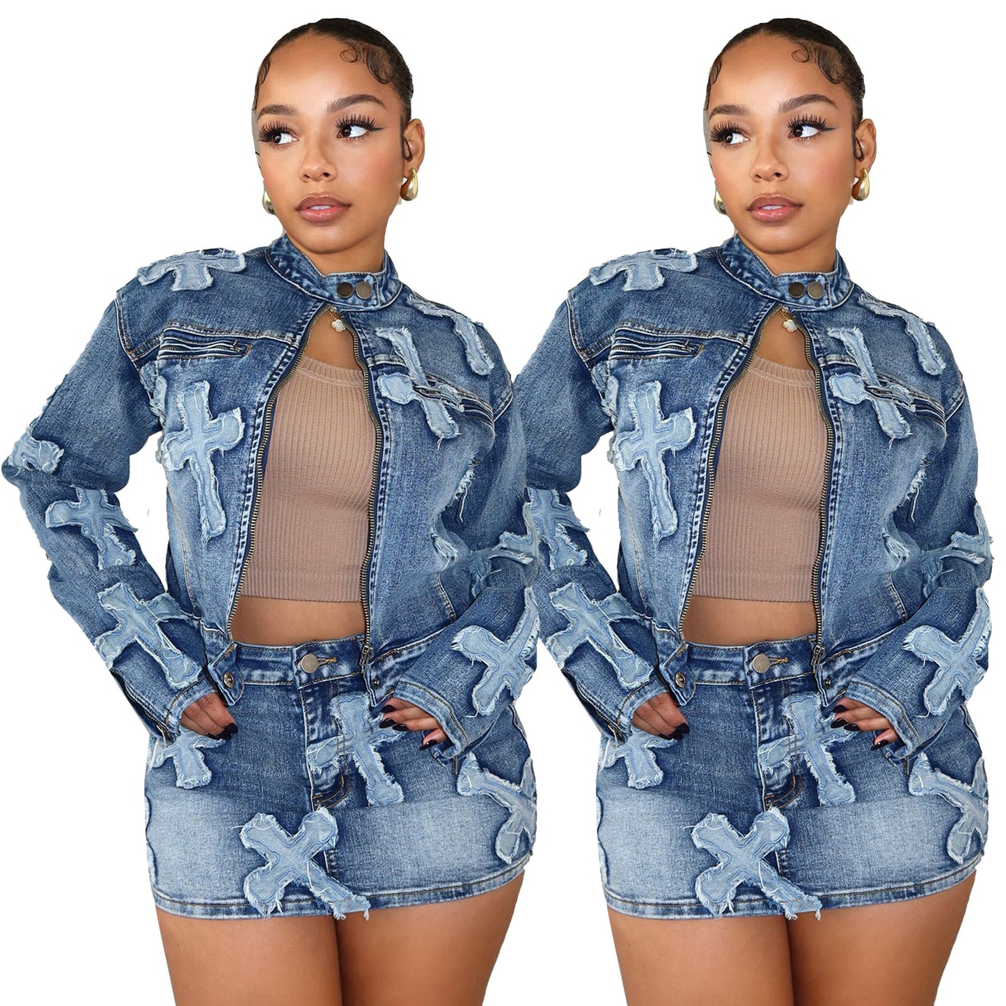 Denim Cross Skirt & Jacket Set