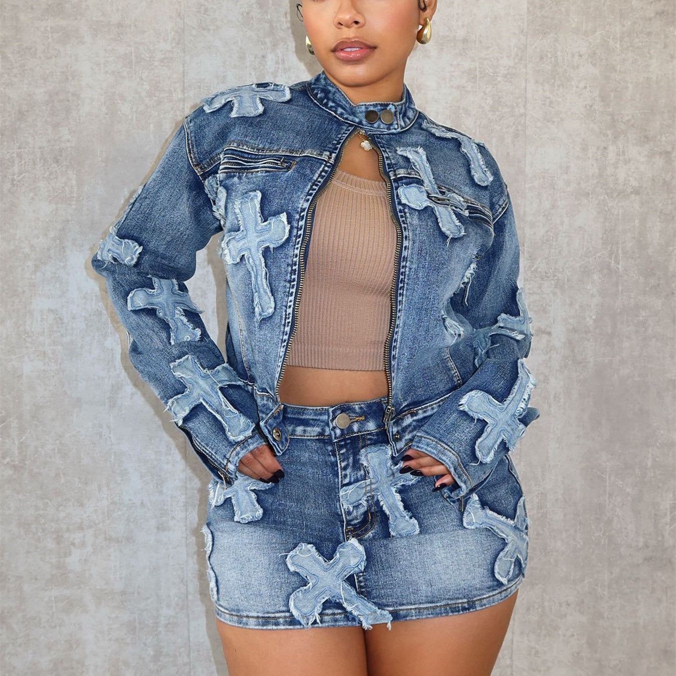 Denim Cross Skirt & Jacket Set