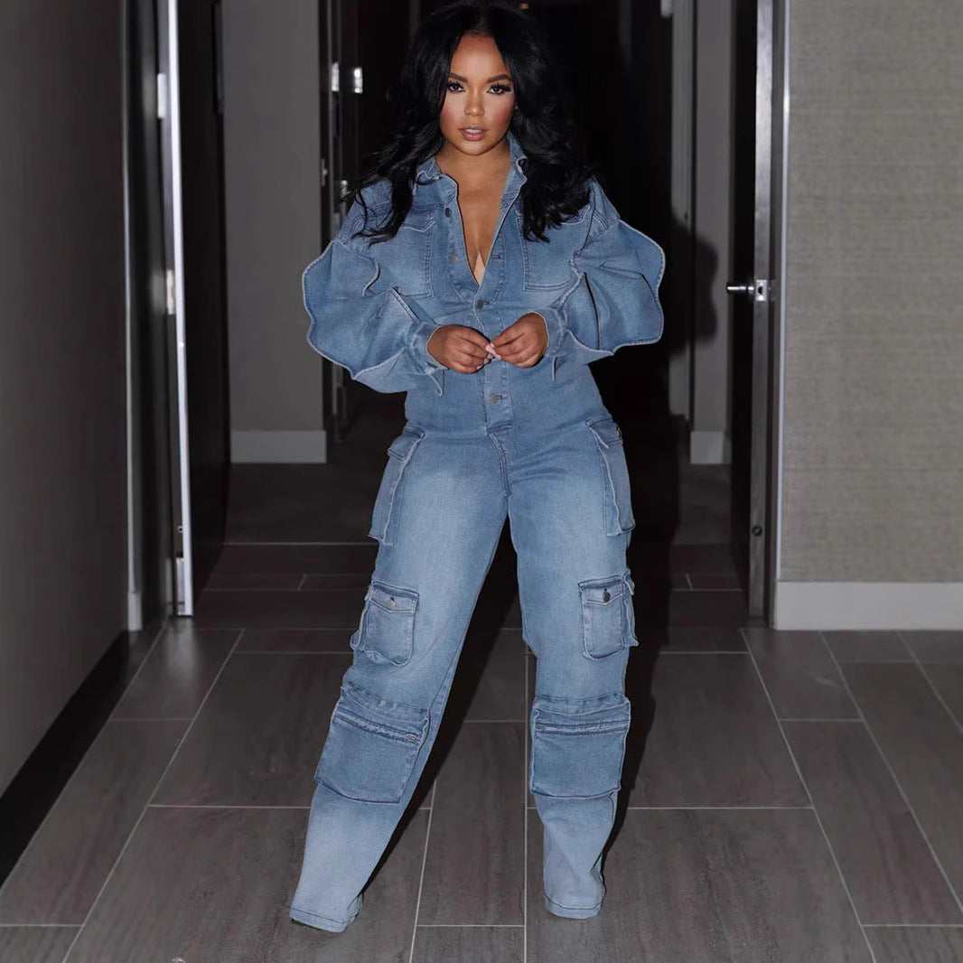 Denim Straight-leg Pants Jumpsuit