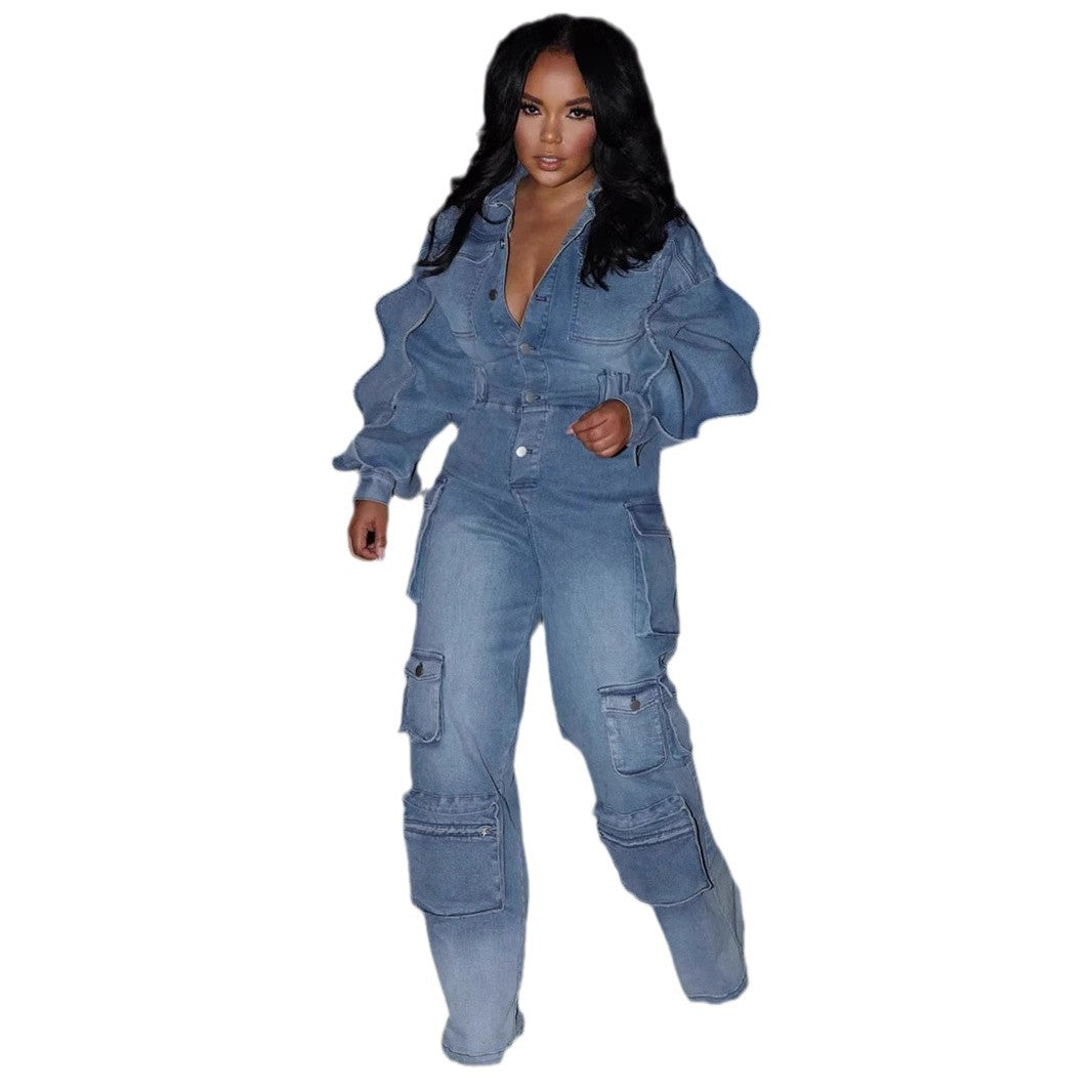 Denim Straight-leg Pants Jumpsuit