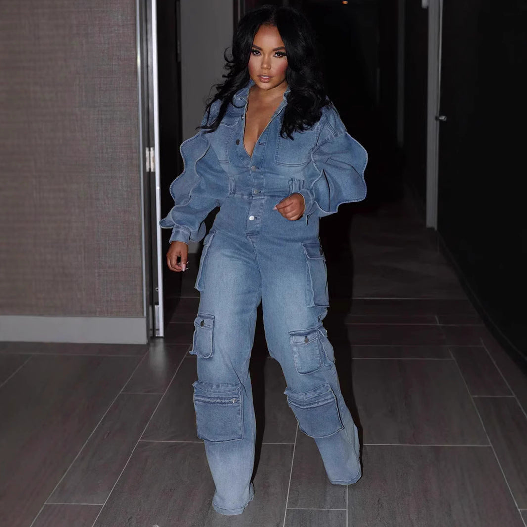 Denim Straight-leg Pants Jumpsuit