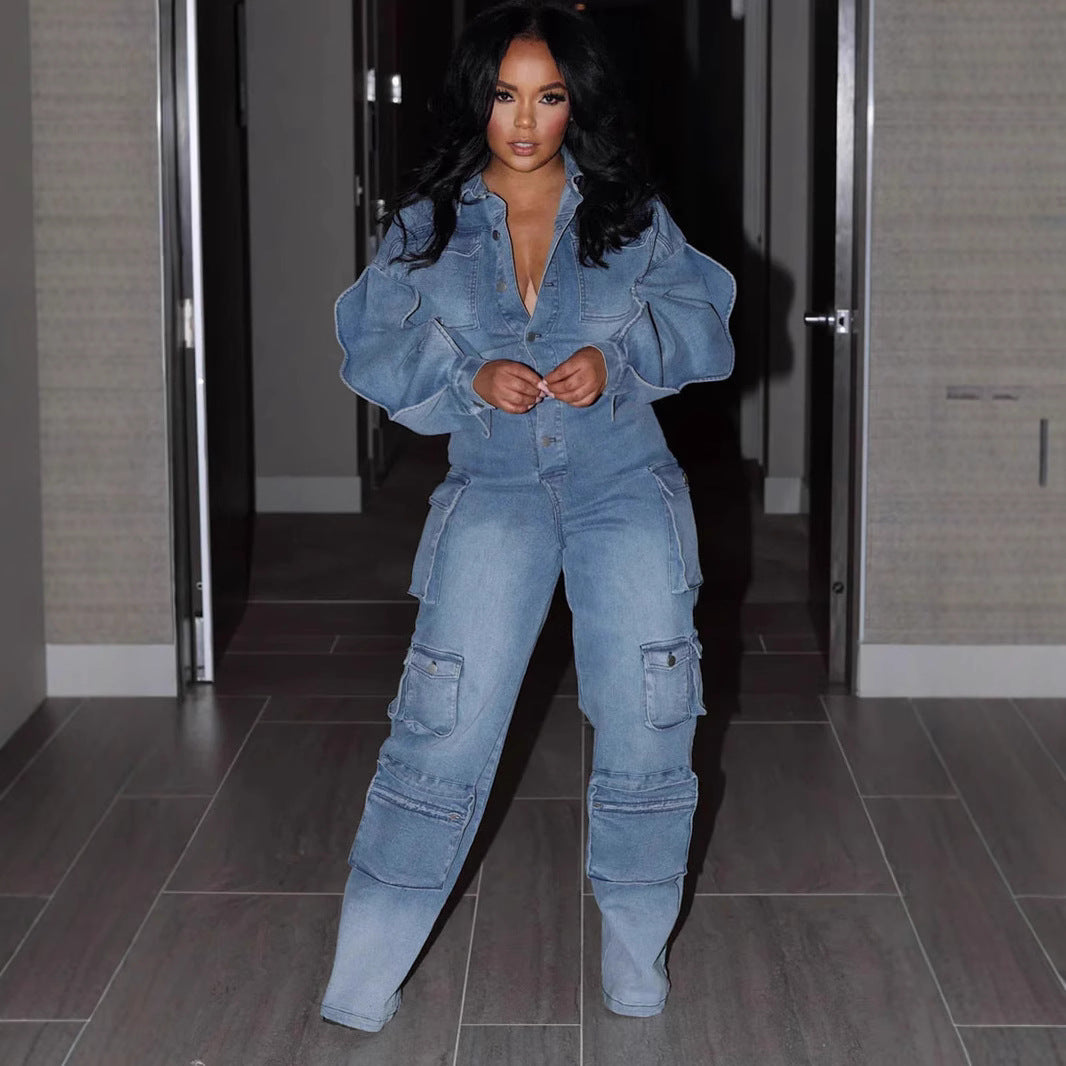 Denim Straight-leg Pants Jumpsuit