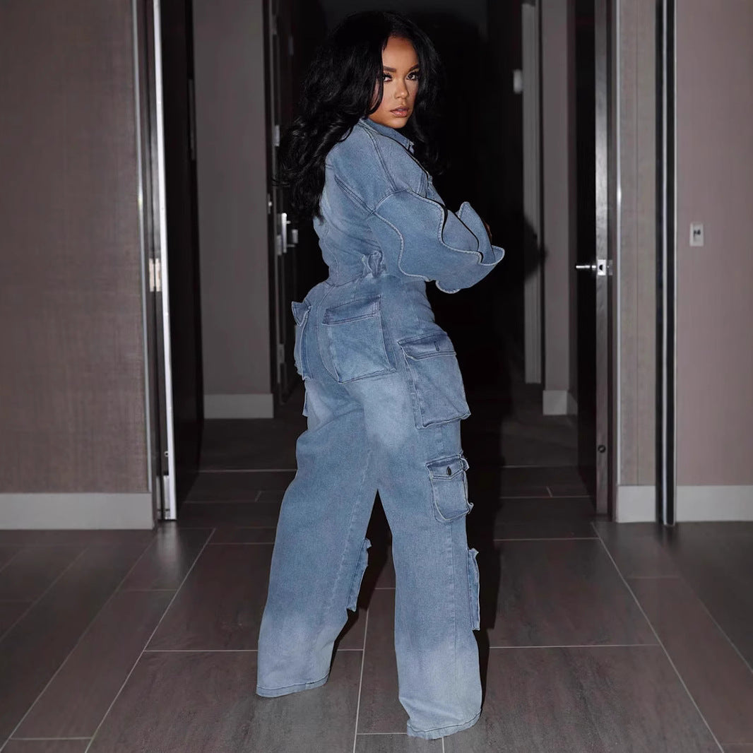 Denim Straight-leg Pants Jumpsuit